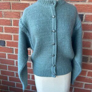 Hand Knitted Wool/Mohair/ Acrylic Azure Blue Cardigan - S-M